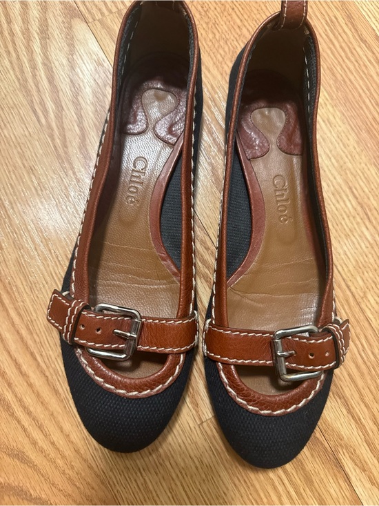 Chloe Shoes - Chloe Brown Leather-Trim Black Canvas Flats with Buckle